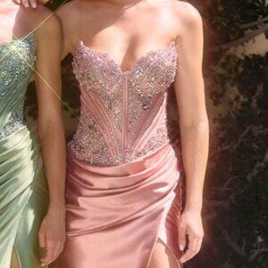 New Strapless Satin Rose Gold Beaded Gown w/ Corset Bodice & Leg Slit CD KV1136